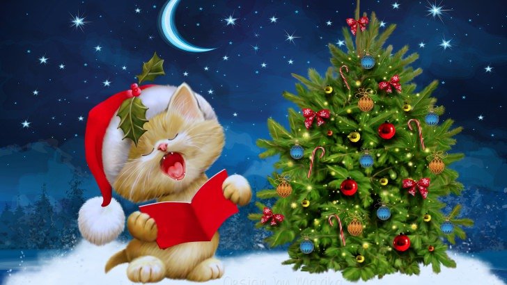 Santa Kitten Singing Christmas Carols Wallpaper