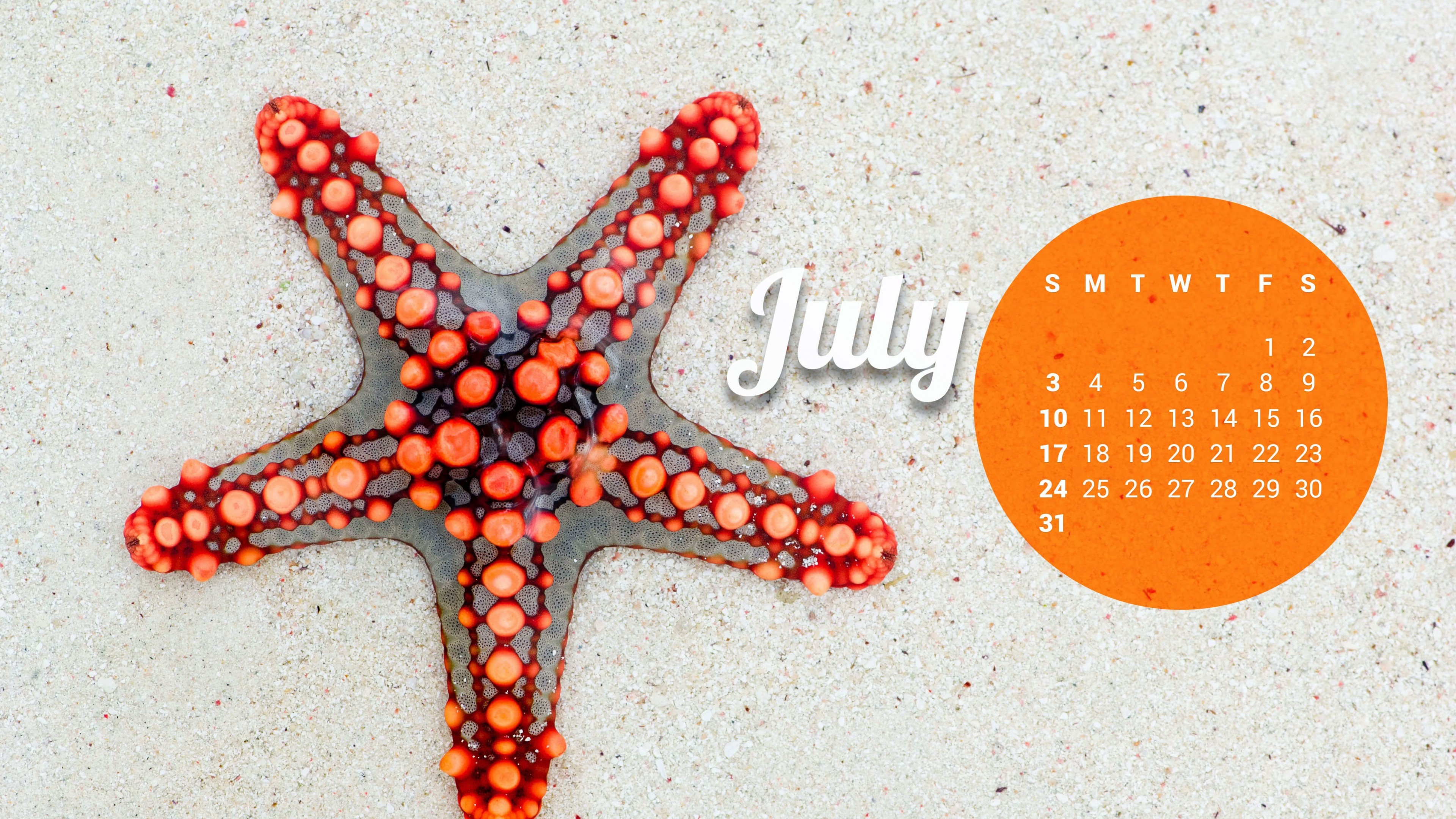 July 2016 Calendar Wallpaper for Desktop 4K 3840x2160