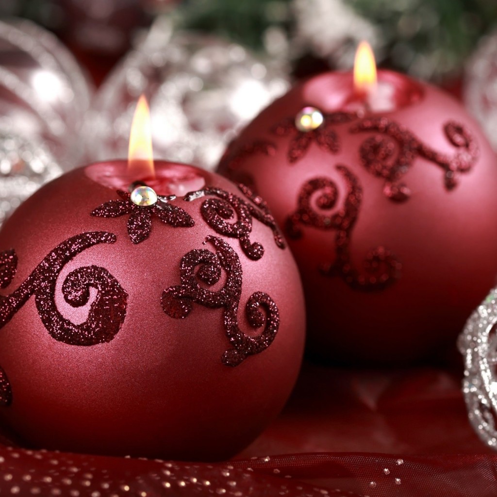 Red Christmas Ornament Ball Candles Wallpaper for Apple iPad