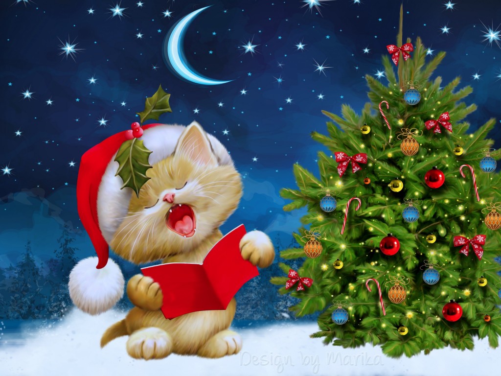 Santa Kitten Singing Christmas Carols Wallpaper for Desktop 1024x768