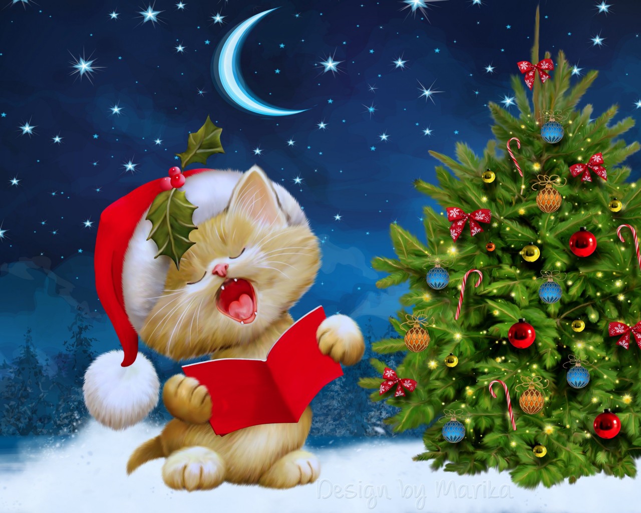 Santa Kitten Singing Christmas Carols Wallpaper for Desktop 1280x1024