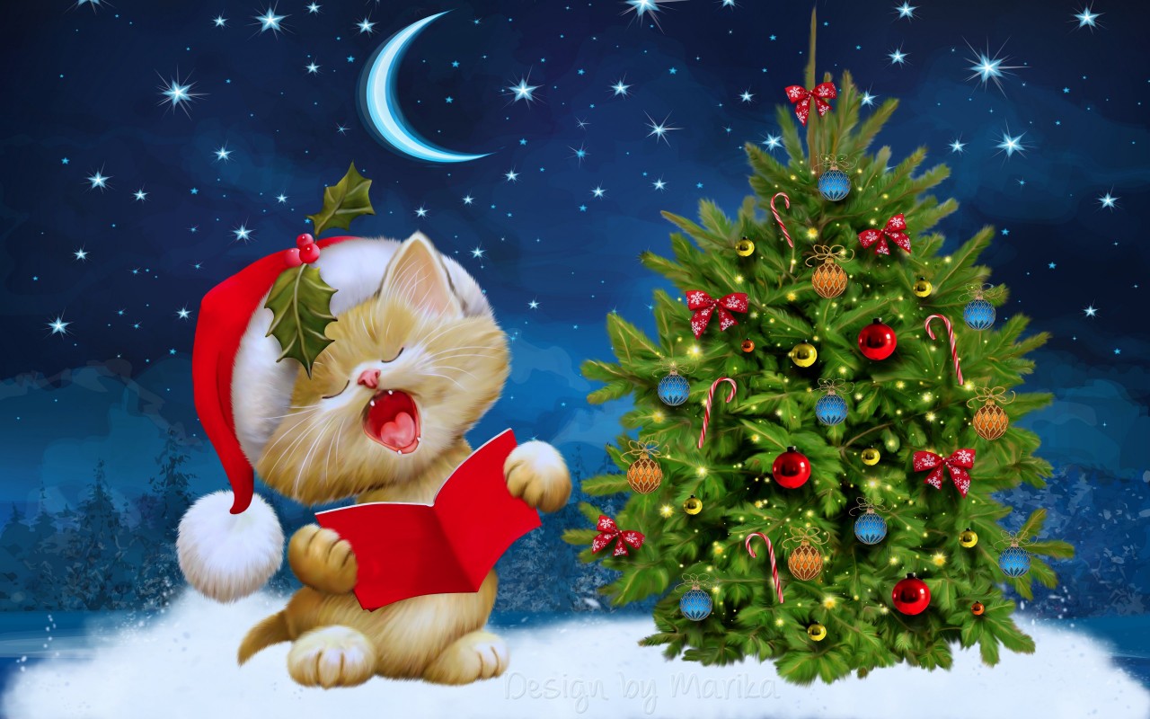 Santa Kitten Singing Christmas Carols Wallpaper for Desktop 1280x800