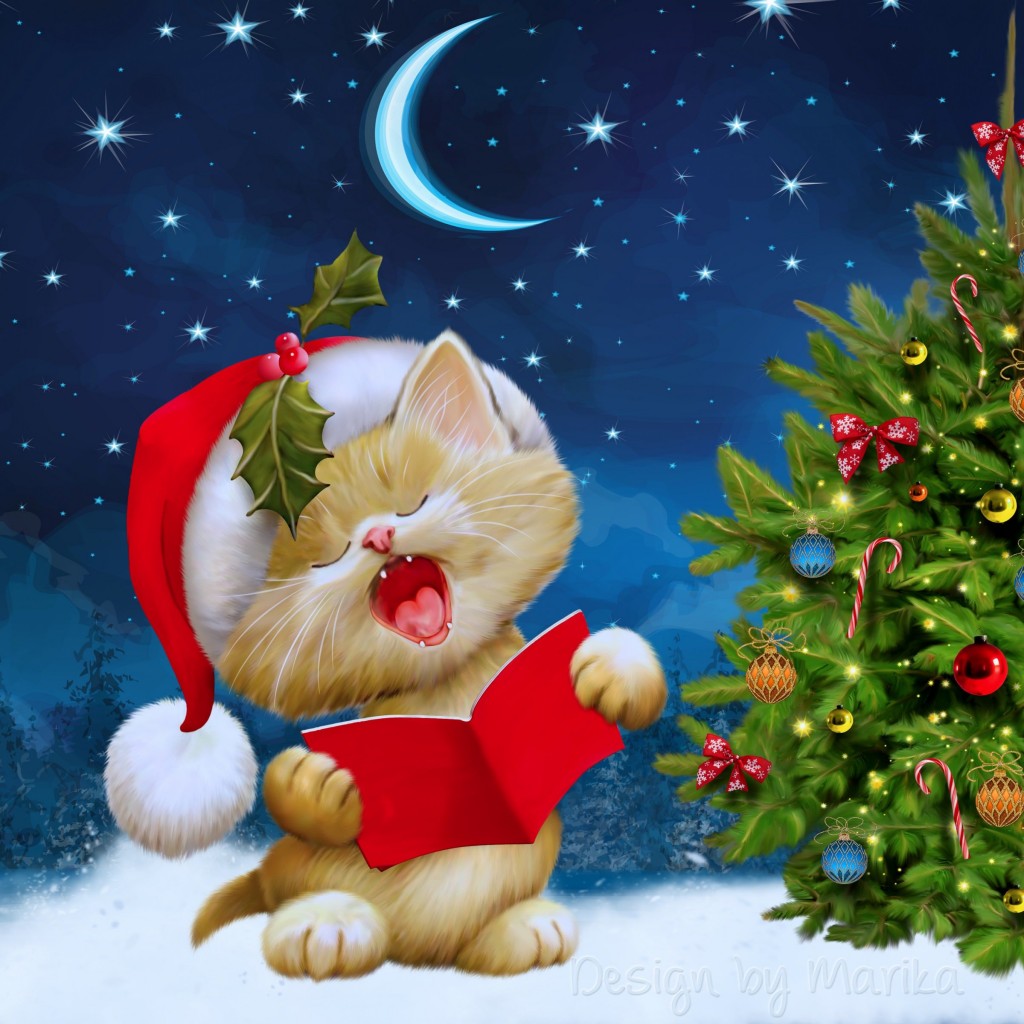 Santa Kitten Singing Christmas Carols Wallpaper for Apple iPad 2