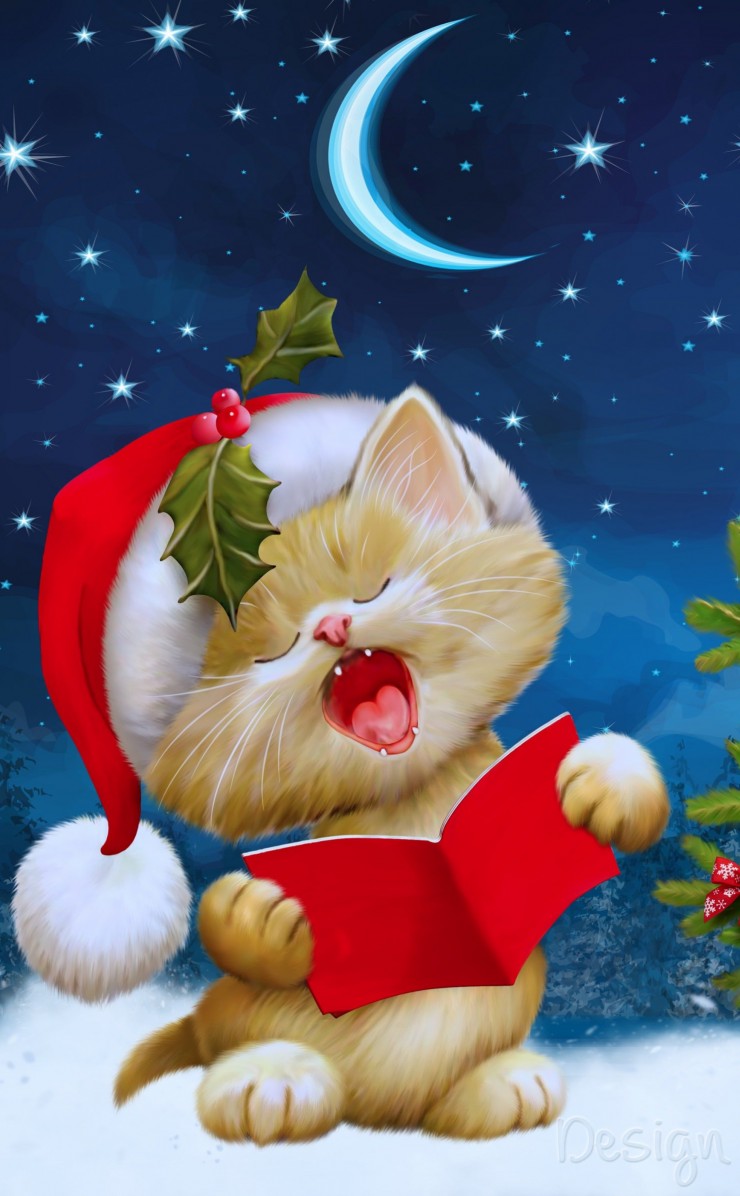 Santa Kitten Singing Christmas Carols Wallpaper for Apple iPhone 4 / 4s