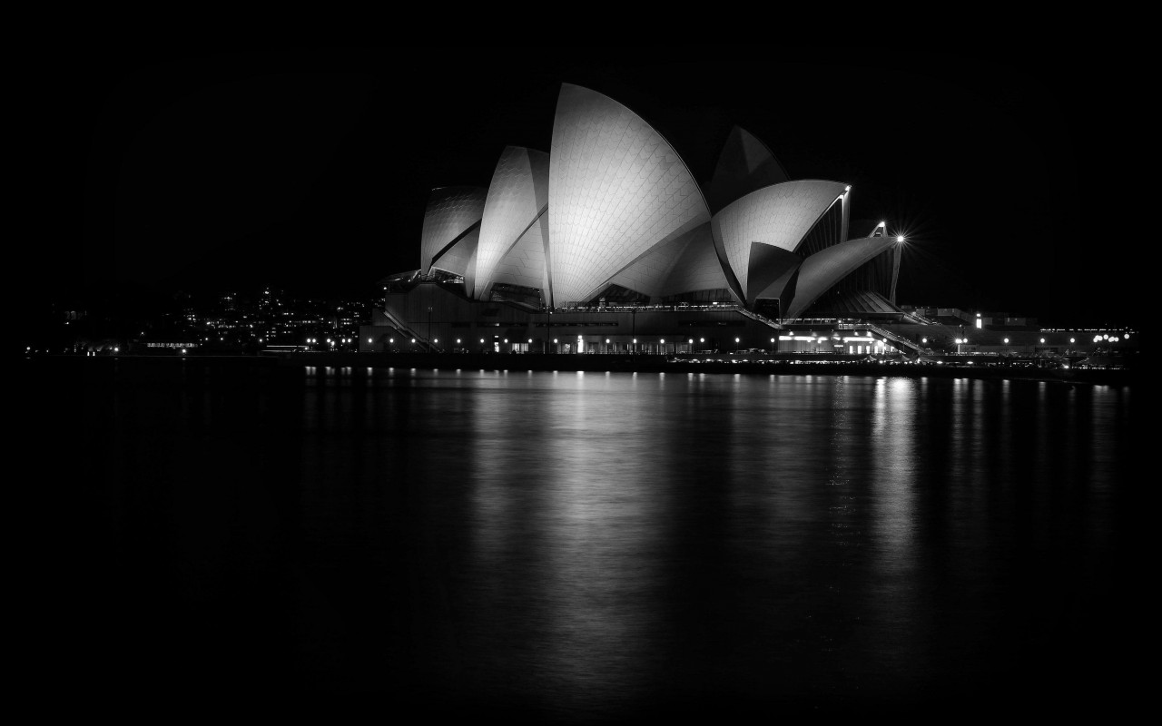 Sydney Opera House at Night in Black & White Wallpaper for Desktop 1280x800