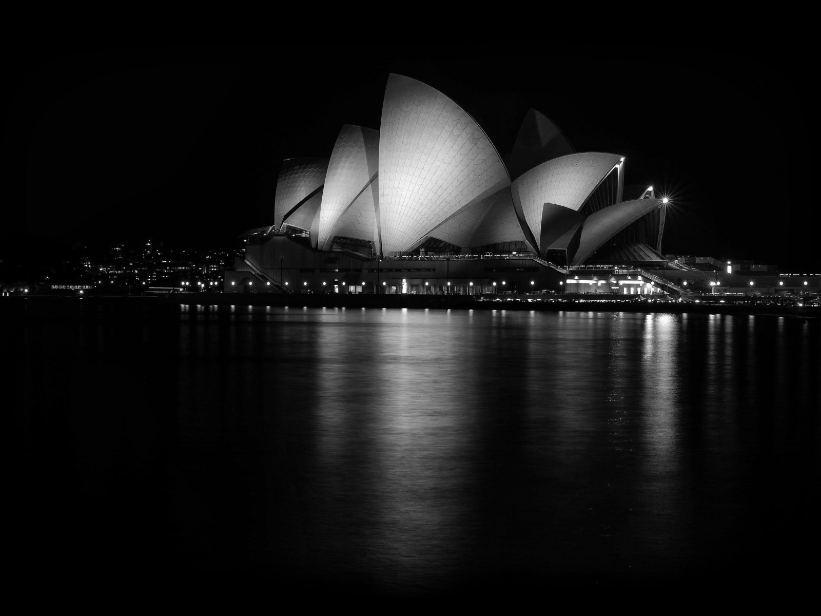 Sydney Opera House at Night in Black & White Wallpaper for Desktop 1600x1200