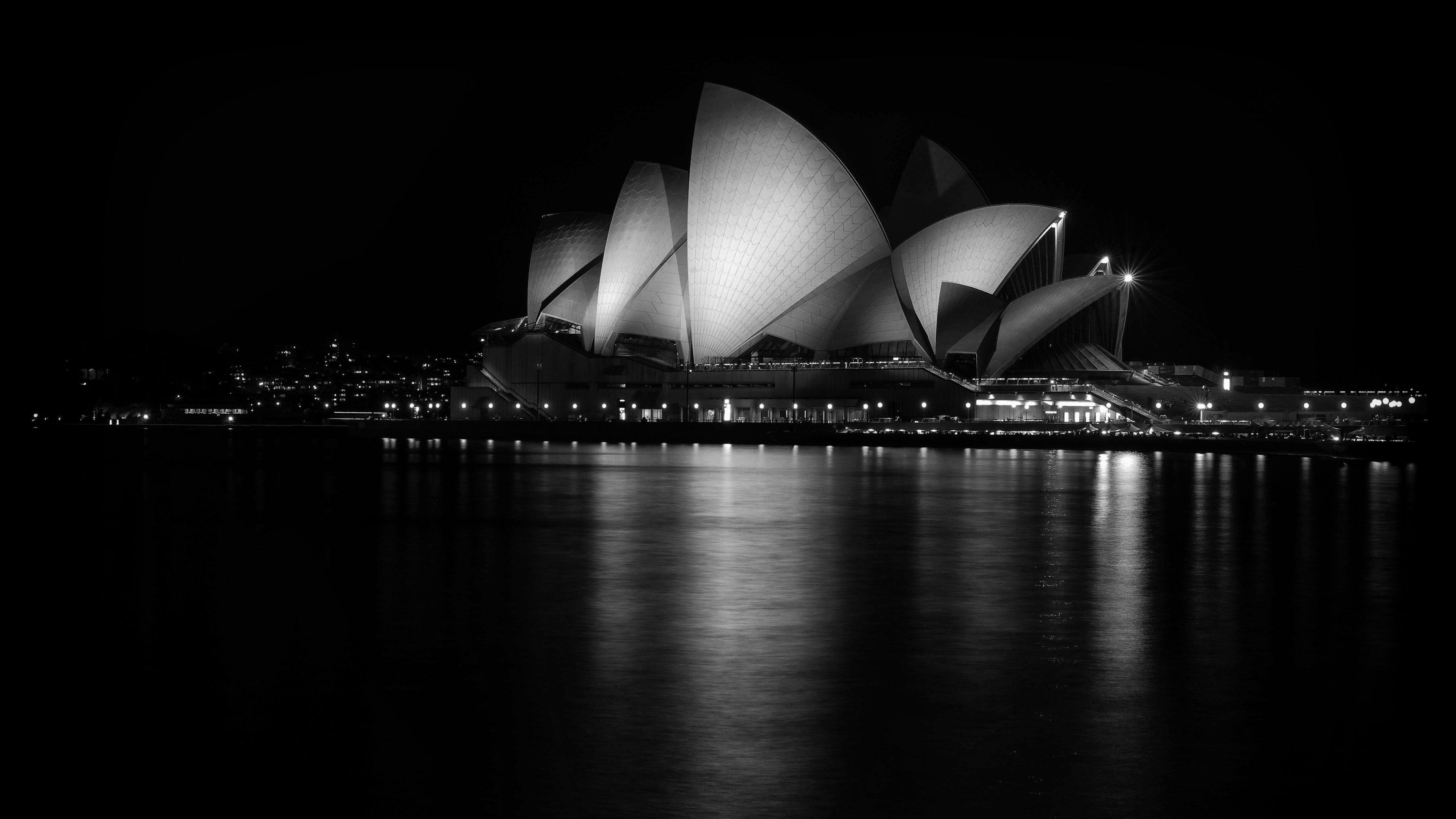 Sydney Opera House at Night in Black & White Wallpaper for Desktop 4K 3840x2160